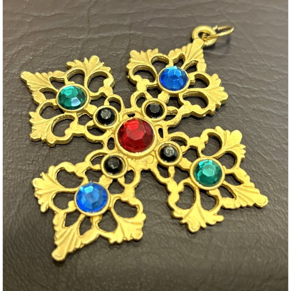 Vintage 80’s Large Gold Tone Maltese Cross Crystal Rhinestone Pendant
